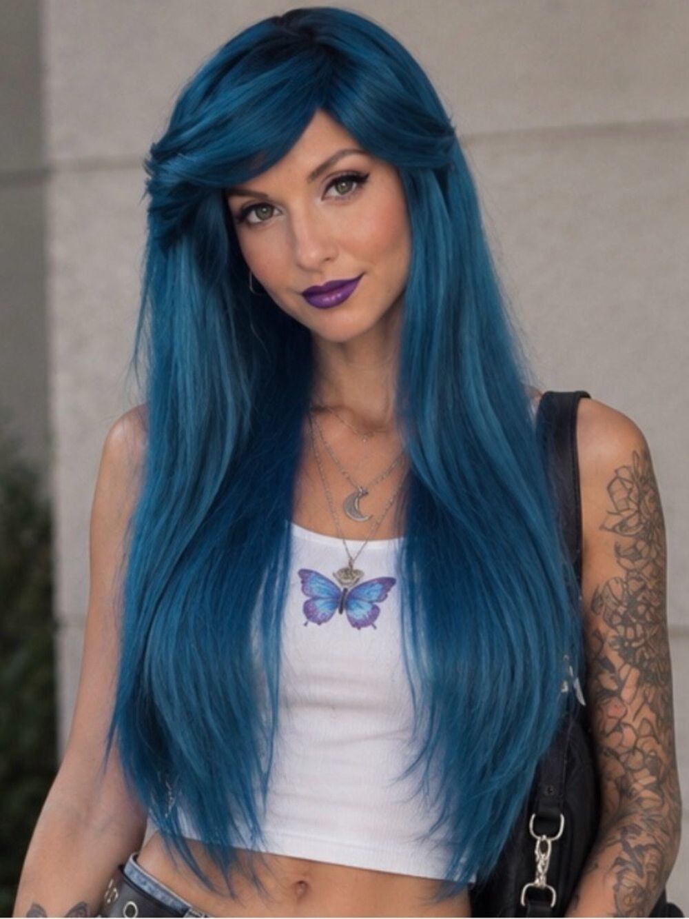 🎃  RockStar Wigs Dark Root Bella Turquoise Long Blue Wig NWT
